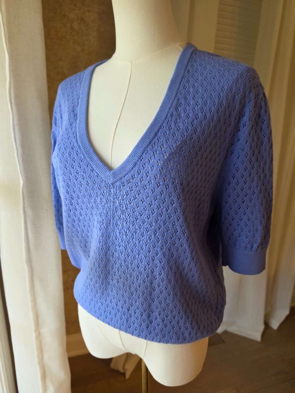 Rebecca Minkoff Pointelle V-Neck Elbow-Sleeve Sweater – Periwinkle blue lavender